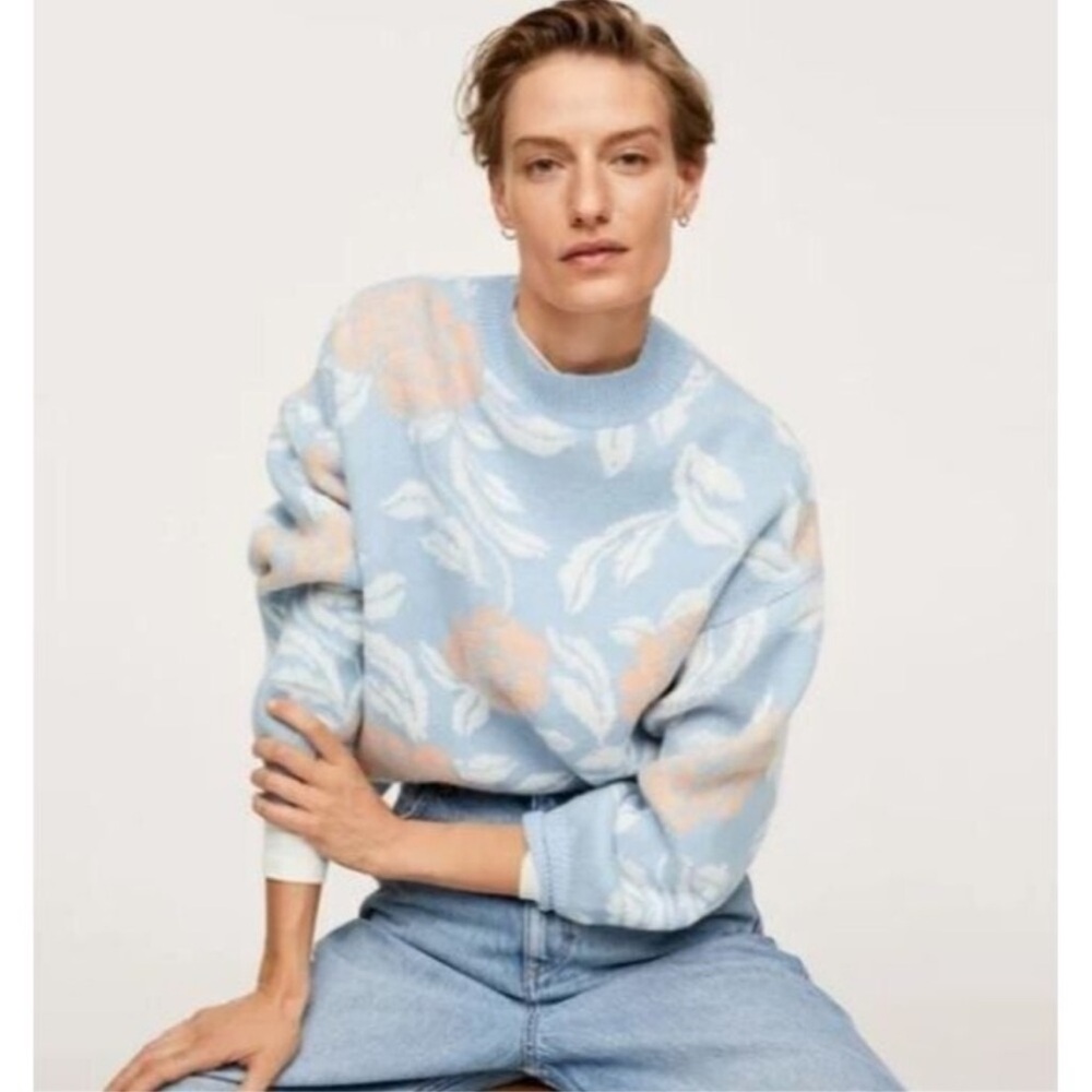 Mango Blue Floral Sweater Blue Crew Neck Knit Chelsea & Theodore Size S/P